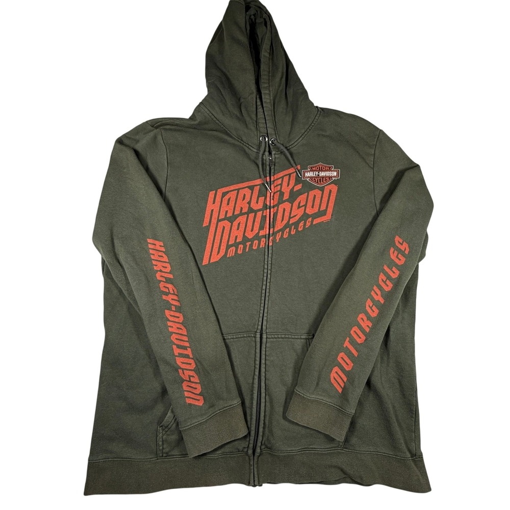 Harley-Davidson Mens Zip Up Hoodie Olive Green Orange‎ Graphic Biker Large XL